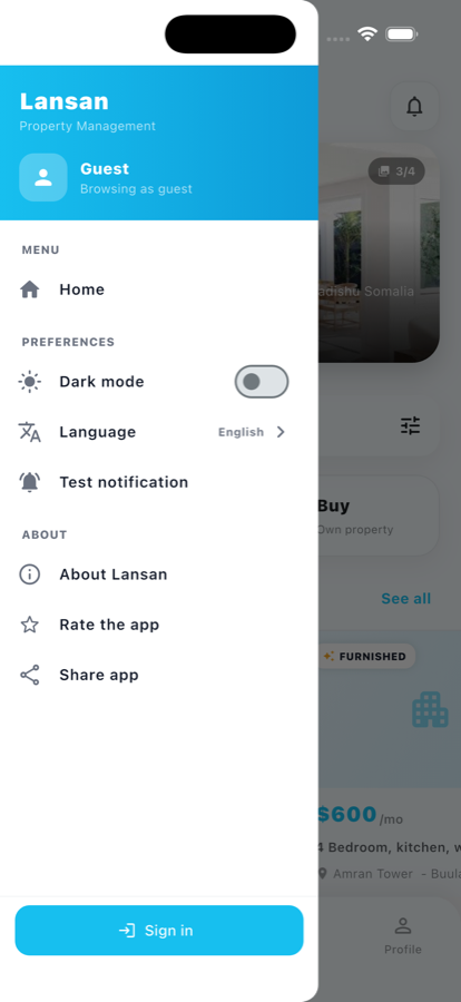 Lansan app side menu with dark mode and language settings