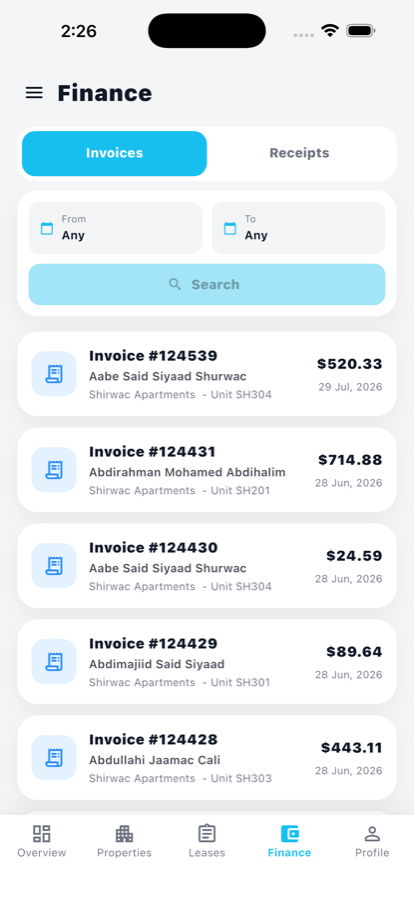 Lansan owner portal finance screen listing invoices